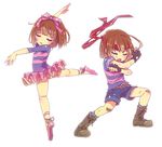  arm_up ballet ballet_slippers bandaid bandaid_on_knee belt belt_buckle blue_legwear blue_shorts boots brown_footwear brown_hair buckle closed_eyes commentary_request dancing fingerless_gloves frisk_(undertale) full_body gloves hair_ribbon headband open_mouth outstretched_leg pink_ribbon plantar_flexion purple_shirt red_headband ribbon shirt short_hair short_sleeves shorts simple_background sleeves_folded_up socks striped striped_shirt tutu undertale white_background yugaiga 