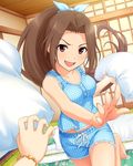  aino_nagisa artist_request brown_eyes brown_hair card_(medium) collarbone fingernails idolmaster idolmaster_cinderella_girls long_fingernails long_hair long_ponytail looking_at_viewer official_art open_mouth pillow pillow_fight ponytail smile solo_focus 