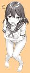  bare_legs barefoot blush breast_hold breasts cleavage collarbone cowlick crossed_arms embarrassed eyebrows_visible_through_hair full_body kantai_collection large_breasts leaning_forward long_hair looking_at_viewer monochrome navel no_legwear no_pants open_mouth orange_background panties raised_eyebrows school_uniform serafuku shirt short_sleeves simple_background sleeve_cuffs solo stomach takayaki tareme teardrop thigh_gap underwear ushio_(kantai_collection) water_drop wet wet_clothes wet_shirt 