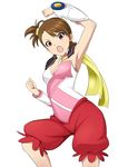  arm_up armpits brown_eyes brown_hair cape covered_navel cowboy_shot futami_ami hair_ornament idolmaster idolmaster_(classic) looking_at_viewer open_mouth red_shorts short_hair shorts simple_background solo strapless white_background 