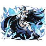  absurdly_long_hair akame_ga_kill! alpha_transparency belt blue_eyes blue_hair boots breasts cleavage collarbone crystal_sword divine_gate esdeath full_body grin hair_between_eyes hat holding holding_sword holding_weapon ice long_hair medium_breasts military military_hat military_uniform official_art pleated_skirt shadow skirt smile solo sword tattoo thigh_boots thighhighs transparent_background ucmm uniform very_long_hair weapon white_footwear white_legwear zettai_ryouiki 