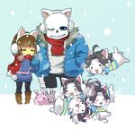  ahoge androgynous animal_earmuffs animal_slippers black_hair black_legwear black_shorts blue_jacket blue_shirt blue_shorts boots brown_footwear brown_hair bunny_slippers closed_eyes earmuffs eyebrows_visible_through_hair frisk_(undertale) grin jacket long_sleeves lowres one_eye_closed open_mouth purple_sweater red_scarf sans scarf shirt shorts skeleton smile snow snowing socks striped striped_sweater sweater temmie undertale yugaiga 