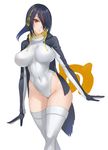  arms_at_sides black_hair breasts brown_eyes commentary covered_navel covered_nipples cowboy_shot damegane emperor_penguin_(kemono_friends) hair_over_one_eye headphones highleg highleg_leotard highres hood hoodie japari_symbol kemono_friends large_breasts leotard long_hair looking_at_viewer open_clothes open_hoodie parted_lips solo thighhighs white_legwear white_leotard 