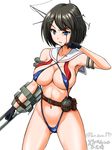  adapted_costume arm_up artist_name bangs bare_shoulders belt belt_buckle belt_pouch black_gloves black_hair blood blood_on_face blue_eyes blue_swimsuit bottle breasts buckle collarbone covered_nipples cowboy_shot gloves groin hair_ornament headgear highres kantai_collection koutarou_(plusdrive) legs_apart machinery maya_(kantai_collection) medium_breasts navel neckerchief open_mouth pouch red_neckwear sailor_collar short_hair skindentation slingshot slingshot_swimsuit solo standing stomach swept_bangs swimsuit tsurime underboob undone_neckerchief untied wiping_face x_hair_ornament 