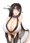  bare_shoulders black_hair breasts brown_eyes cleavage erimiko huge_breasts kantai_collection leaning_forward long_hair miniskirt nagato_(kantai_collection) simple_background skirt smile solo v_arms white_background 