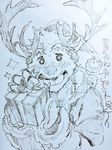  2017 anthro antlers blush cervine christmas clothed clothing deer fur gift hat hi_res holidays horn japanese_text konbu looking_at_viewer male mammal monochrome open_mouth reindeer santa_hat simple_background sketch smile solo text tokyo_afterschool_summoners traditional_media_(artwork) translation_request youl 