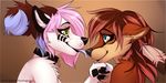  2017 anthro blue_eyes brown_fur brown_hair canine cute duo feathers female fur gorsha_(character) gorsha_pendragon green_eyes hair hi_res jewelry kissing licking mammal necklace pink_hair selina_zifer simple_background smile tongue tongue_out white_fur wolf 