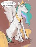  2017 chair crown english_text equine feathered_wings feathers female feral friendship_is_magic hair horn jewelry mammal multicolored_hair my_little_pony necklace princess_celestia_(mlp) silfoe solo text throne white_feathers winged_unicorn wings 