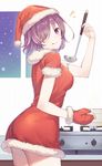  :q ass breasts christmas cooking dress eyebrows_visible_through_hair fate/grand_order fate_(series) gloves hair_over_one_eye haru_(hiyori-kohal) hat ladle looking_back mash_kyrielight medium_breasts mittens purple_eyes purple_hair red_gloves santa_costume santa_hat short_hair single_glove smile snow solo stove tongue tongue_out window 