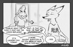  anthro canine caprine charlie_(weaver) clothed clothing comic dialogue disney duo eyes_closed female fox fur male mammal mistermead monochrome pack_street partially_clothed remmy_cormo sheep shirt speech_bubble text underwear wool zootopia 