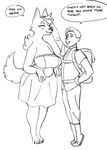  anthro backpack barefoot big_breasts black_and_white blush breasts canine clothing cute dialogue dress duo english_text eyes_closed female hair human jijis-waifus larger_female male mammal monochrome oh-jiji petting ring romantic_couple size_difference smaller_male smile speech_bubble text wolf 
