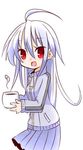  :d ahoge bangs blue_hair blue_jacket blue_skirt blush coffee coffee_mug commentary_request cowboy_shot cup drinking_glass eyebrows_visible_through_hair from_side gradient_hair hair_between_eyes holding holding_cup hono jacket long_hair long_sleeves looking_at_viewer looking_to_the_side lowres mug multicolored_hair official_art open_mouth pleated_skirt red_eyes sidelocks silver_hair simple_background skirt sleeves_past_wrists smile solo steam suguri suguri_(character) track_jacket white_background zipper 