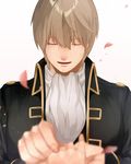  ascot bangs black_jacket blurry brown_hair closed_eyes couple depth_of_field eyebrows_visible_through_hair facing_viewer female_pov gintama hair_between_eyes hetero holding_hand iiko jacket jewelry long_sleeves male_focus motion_blur okita_sougo out_of_frame parted_lips petals pov pov_hands proposal putting_on_jewelry ring shinsengumi_(gintama) shiny shiny_hair simple_background solo_focus upper_body wedding_band white_background 