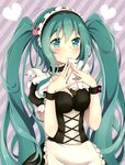  alternate_costume apron aqua_eyes aqua_hair between_breasts blush breasts bunny_hair_ornament chocolate chocolate_heart corset enmaided envelope hair_ornament hatsune_miku heart highres long_hair lucky_keai maid maid_apron maid_headdress mouth_hold solo steepled_fingers striped striped_background twintails very_long_hair vocaloid wavy_mouth wrist_cuffs 