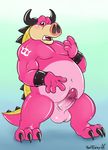  2015 3_toes 4_fingers anthro balls biceps black_claws blush claws digital_media_(artwork) erection gradient_background horn looking_at_viewer male mammal mario_and_luigi_(series) mario_bros midbus nintendo nude open_mouth penis pig pink_balls pink_penis porcine scalie simple_background slightly_chubby solo spikes standing teeth toe_claws toes video_games wrist_cuff yaoifairy 