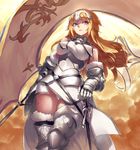 armor bangs bare_shoulders black_legwear blonde_hair blue_eyes breasts chain closed_mouth cowter day fate/apocrypha fate_(series) faulds flag fur-trimmed_legwear fur_trim gauntlets gorget hand_on_hilt headpiece holding holding_flag jeanne_d'arc_(fate) jeanne_d'arc_(fate)_(all) large_breasts light_smile long_hair looking_at_viewer looking_to_the_side ohland outdoors panties pantyshot pantyshot_(standing) plackart sheath sheathed smile solo standard_bearer standing sword thighhighs underbust underwear weapon white_panties 