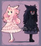  black_dress black_hair blue_eyes clefable curly_hair dav-19 dress evil_smile eyelashes frills gen_1_pokemon gengar gothic_lolita grey_skin humanization lolita_fashion looking_at_viewer mary_janes messy_hair multiple_girls multiple_sources pantyhose personification pink_dress pink_hair pokemon polar_opposites red_eyes shoes smile sweet_lolita wings 