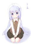  1girl :o bangs blue_eyes blue_hair blush brown_skirt collared_shirt eyebrows_visible_through_hair full_body gochuumon_wa_usagi_desu_ka? hair_between_eyes hair_ornament hands_on_lap hat highres kafuu_chino long_hair long_sleeves looking_at_viewer neck_ribbon own_hands_together parted_lips red_ribbon ribbon school_uniform shadow shiraki_shiori shirt sitting skirt solo sweater_vest translation_request v_arms very_long_hair wariza white_background white_hat white_shirt x_hair_ornament 