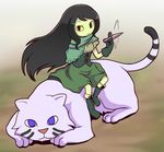  1girl adventure_time amputee animal bangs black_hair blush boots gloves green_gloves green_skin knife looking_at_viewer motion_lines nollety purple_eyes shoko_(adventure_time) skirt skirt_set slit_pupils smile tiger very_long_hair weapon yellow_sclera 