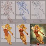  2015 alien arm_guards breasts brown_leotard chart cheetara comparison dated deviantart_username english fighting_stance franciscoetchart highres insignia large_breasts leotard long_hair multiple_views realistic signature sketch spanish staff thundercats toned watermark 