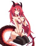 ashisi bare_shoulders between_legs breasts cleavage dragon dragon_girl dragon_horns dragon_tail hair_between_eyes highres horns long_hair looking_at_viewer medium_breasts monster_girl navel original personification red_eyes red_hair simple_background solo stomach tail thighs 