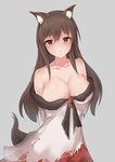  animal_ears blush breasts brooch brown_hair cleavage collarbone dress grey_background imaizumi_kagerou jewelry large_breasts long_hair long_sleeves looking_at_viewer nail_polish off_shoulder red_eyes red_nails repoi simple_background solo tail torn_clothes touhou wide_sleeves wolf_ears wolf_tail 