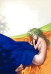  ass barefoot braid breasts detexted earrings finger_to_mouth flat_ass green_hair hair_ornament highres jewelry large_breasts long_hair lying naked_sheet nipples non-web_source on_side original scan single_braid sleeping solo third-party_edit yukimi 