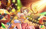  :d artist_request ass bangs blunt_bangs blush bob_cut bracelet brown_eyes brown_hair chain character_name confetti dancing elbow_gloves fingerless_gloves food fruit gloves holding hood hoodie idol idolmaster idolmaster_cinderella_girls idolmaster_cinderella_girls_starlight_stage jewelry kitami_yuzu lemon looking_at_viewer microphone nail_polish official_art open_mouth shoes short_hair shorts single_glove smile sneakers solo stage star sweat yellow_nails 