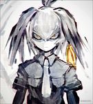  ahoge commentary_request hair_between_eyes head_wings kei-suwabe kemono_friends limited_palette looking_at_viewer necktie shirt shoebill_(kemono_friends) short_sleeves solo staring twintails twitter_username upper_body white_background wings yellow_eyes 
