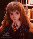  artist_name bangs blunt_bangs blurry blurry_background book bookshelf brown_eyes brown_hair closed_mouth collared_shirt emblem gryffindor harry_potter hermione_granger long_hair looking_at_viewer md5_mismatch necktie numyumy realistic red_lips school_uniform serious shirt solo striped striped_neckwear thick_eyebrows upper_body watermark wavy_hair web_address white_shirt wing_collar 