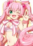  ;d animal_ears bow breasts cat_ears cleavage cleavage_cutout fang green_eyes hair_ornament hairband heart highres long_hair looking_at_viewer medium_breasts midriff navel niki_(nikism1987) one_eye_closed open_mouth pink_hair rosia_(show_by_rock!!) show_by_rock!! signature smile solo twintails very_long_hair yellow_hairband 
