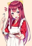  1girl apron bangs blush bow commentary hair_bow highres japanese_clothes kamikaze_(kantai_collection) kantai_collection kimono ladle long_hair looking_at_viewer maid_apron open_mouth orihi_chihiro purple_eyes purple_hair solo wa_maid 