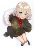  bad_id bad_pixiv_id blonde_hair blue_eyes blush coat commentary_request fang from_above fur-trimmed_coat fur_trim girls_und_panzer green_jacket hairband hitaki_yuu jacket katyusha long_sleeves looking_at_viewer looking_up open_mouth pravda_school_uniform red_shirt shirt short_hair short_jumpsuit sitting skirt solo winter_clothes winter_coat 
