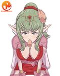  1girl artist_name breasts cape chiki chiki_(fire_emblem) cleavage disembodied_limb disembodied_penis dress fellatio female fire_emblem fire_emblem:_kakusei green_hair grey_eyes hair_ornament large_breasts long_hair looking_at_viewer oral patreon pointy_ears ponytail red_dress reit shiny shiny_hair shiny_skin sitting solo spread_legs uncensored watermark web_address white_background 