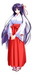 amasaka_takashi bell blue_eyes blue_hair breasts full_body hair_bell hair_ornament hakama highres japanese_clothes large_breasts long_hair looking_at_viewer miko official_art red_hakama sandals smile solo tabi toujou_amane transparent_background unionism_quartet wide_sleeves 