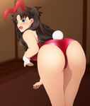 1girl animal_ears aqua_eyes ass bare_shoulders bent_over black_hair blush breasts bunny_ears bunny_girl bunny_tail bunnysuit detached_collar embarrassed fate/stay_night fate_(series) huge_ass leaning_forward long_hair looking_at_viewer open_mouth solo tail thighs tohsaka_rin two_side_up wide_hips wrist_cuffs yadokari_genpachirou 