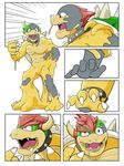  2015 aji anthro bowser claws collar comic digital_media_(artwork) front_view grey_skin hair horn koopa liquid liquid_latex male mammal mario_bros nintendo nude open_mouth red_hair scalie sequence simple_background solo spikes spiral_eyes standing studded_collar surprise transformation unknown_species video_games white_background 
