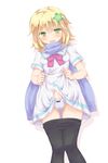  10s 2017 blonde_hair blue_scarf blush breasts dress dress_pull erect_nipples erection eyebrows_visible_through_hair futanari green_eyes hair_between_eyes hair_ornament looking_at_viewer nipples open_mouth pantyhose pantyhose_down penis polka_dot_panties scarf short_hair simple_background small_breasts standing testicles uncensored white_background white_dress 