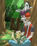  baseball_cap brown_hair bulbasaur butterfree forest hat pikachu pokemon pokemon_(game) pokemon_frlg red_(pokemon) saotome_minami trees 