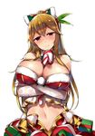 bad_id bad_twitter_id bangs bare_shoulders bell between_breasts blonde_hair bow box breast_hold breasts bustier candy candy_cane cleavage crossed_arms food fur_collar fur_trim gift gift_box granblue_fantasy hair_bow head_tilt highres huge_breasts long_hair looking_at_viewer midriff navel orihi_chihiro parted_lips ponytail red_eyes solo strapless very_long_hair vira_lilie white_background 
