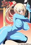  blonde_hair blue_eyes bodysuit breasts colorized commentary curvy doujinshi highres large_breasts long_hair metroid nipples onomeshin samus_aran solo wide_hips zero_suit 