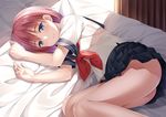  ass bangs bare_legs bed blue_eyes flat_ass indoors looking_at_viewer lying on_side original pink_hair school_uniform serafuku short_hair skirt smile solo yuuri_nayuta 