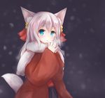  animal_ears bell blue_eyes breath coat dog_ears dog_tail hair_ornament hand_to_own_mouth hands_together highres jingle_bell kashiwagi_yamine long_hair open_mouth original scarf shirt silver_hair skirt snow solo steam tail upper_body 