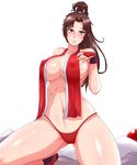  ass_visible_through_thighs bare_shoulders blush breasts brown_eyes brown_hair closed_mouth collarbone covered_nipples fatal_fury hair_intakes hair_ribbon high_ponytail highres jmg kneeling large_breasts long_hair looking_at_viewer navel panties red_panties ribbon shiranui_mai smile solo stomach the_king_of_fighters underwear white_ribbon 