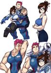  biceps black-framed_eyewear blue_gloves breasts brown_eyes brown_hair casual cleavage coat collage competition_swimsuit glasses gloves grin hair_bun height_difference highres hug hug_from_behind large_breasts mei_(overwatch) multiple_girls muscle muscular_female navel one-piece_swimsuit overwatch pants particle_projector_cannon pink_hair ryuusei_(mark_ii) scar scar_across_eye short_hair sleeveless slender_waist smile swimsuit tank_top tattoo track_pants very_short_hair winter_clothes winter_coat zarya_(overwatch) 