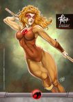  2015 alien arm_guards breasts brown_leotard cheetara dated deviantart_username fighting_stance franciscoetchart insignia large_breasts leotard lips long_hair realistic signature solo spanish staff thundercats toned watermark 