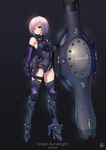  armor artist_name bare_shoulders black_armor black_background boots character_name elbow_gloves fate/grand_order fate_(series) faulds fukai_ryousuke full_body gloves greaves hair_over_one_eye high_heel_boots high_heels highres lavender_hair leotard looking_at_viewer mash_kyrielight mecha_musume neon_trim purple_eyes science_fiction shield short_hair signature skin_tight sleeveless sleeveless_turtleneck solo standing thigh_strap thighhighs turtleneck 