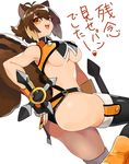  animal_ears antenna_hair ass black_legwear black_panties blazblue breasts brown_hair crop_top dual_wielding fingerless_gloves gloves holding jerun large_breasts makoto_nanaya multicolored_hair orange_eyes orange_skirt panties revealing_clothes short_hair skirt skirt_lift smile solo squirrel_ears squirrel_tail tail thighhighs tonfa translation_request two-tone_hair underboob underwear weapon white_background 