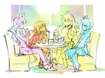  blake_belladonna cafe color_connection commentary_request couch drinking drinking_straw glasses iesupa menu multiple_girls pepper_shaker roosterteeth ruby_rose rwby salt_shaker seiyuu_connection table weiss_schnee window yang_xiao_long 