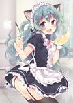  animal_ears cat_ears garter_straps hair_ornament heart heart-shaped_pupils highres long_hair maid maid_headdress momoirone original red_eyes solo symbol-shaped_pupils thighhighs 